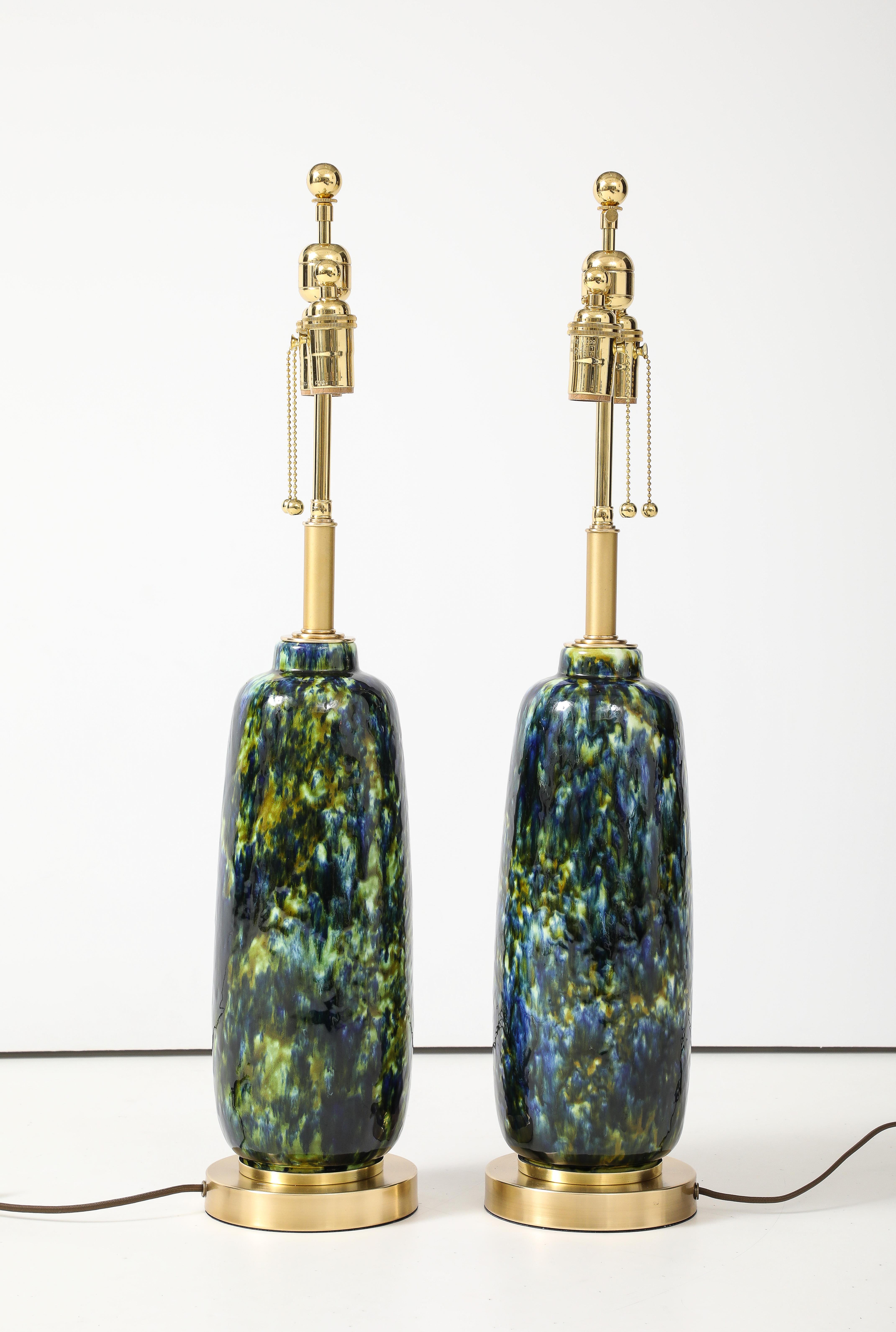 Brass 1960's Pair of Mid -Century Ceramic Lamps with a Beautiful Peacock Glaze. For Sale