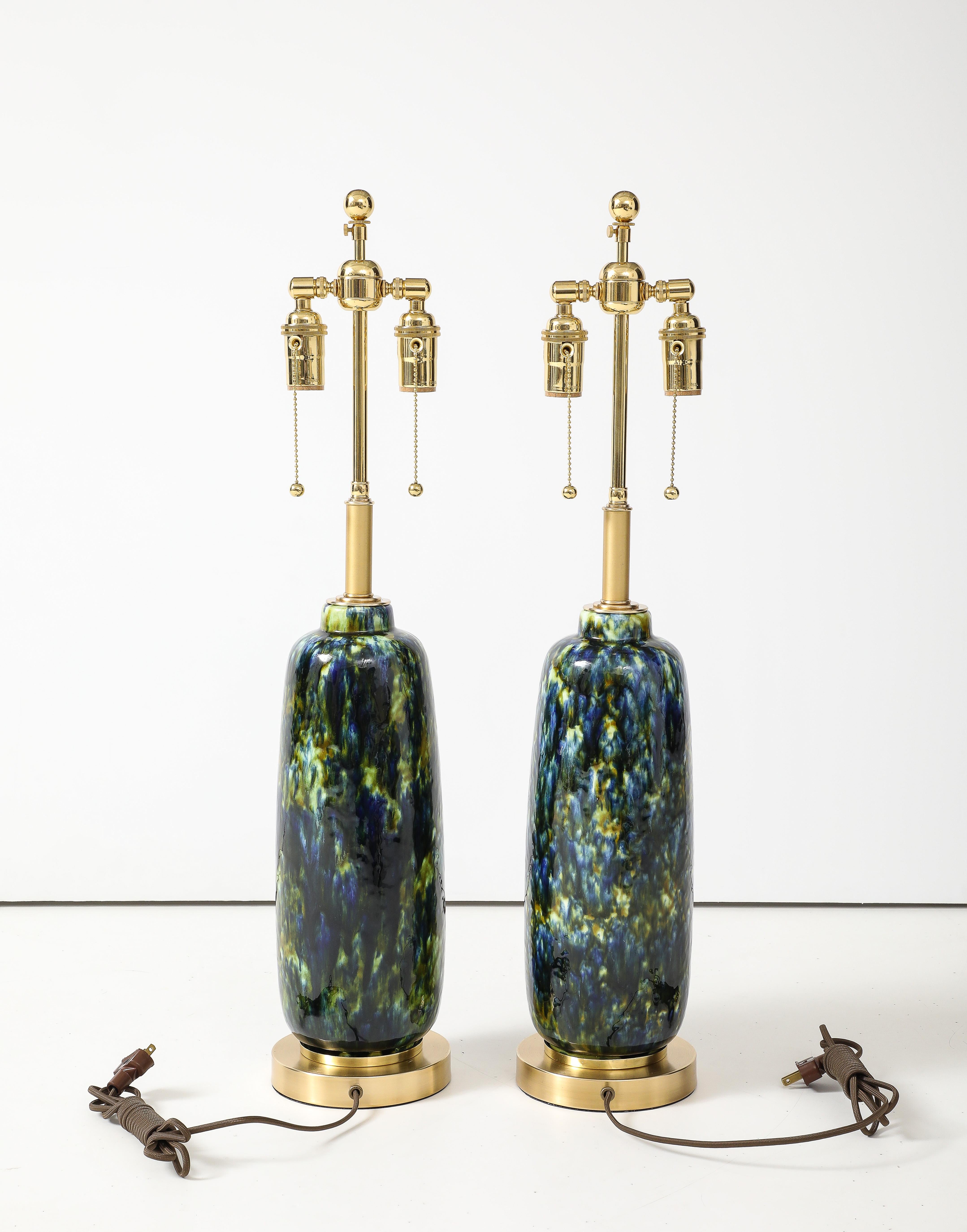 1960's Pair of Mid -Century Ceramic Lamps with a Beautiful Peacock Glaze. For Sale 1