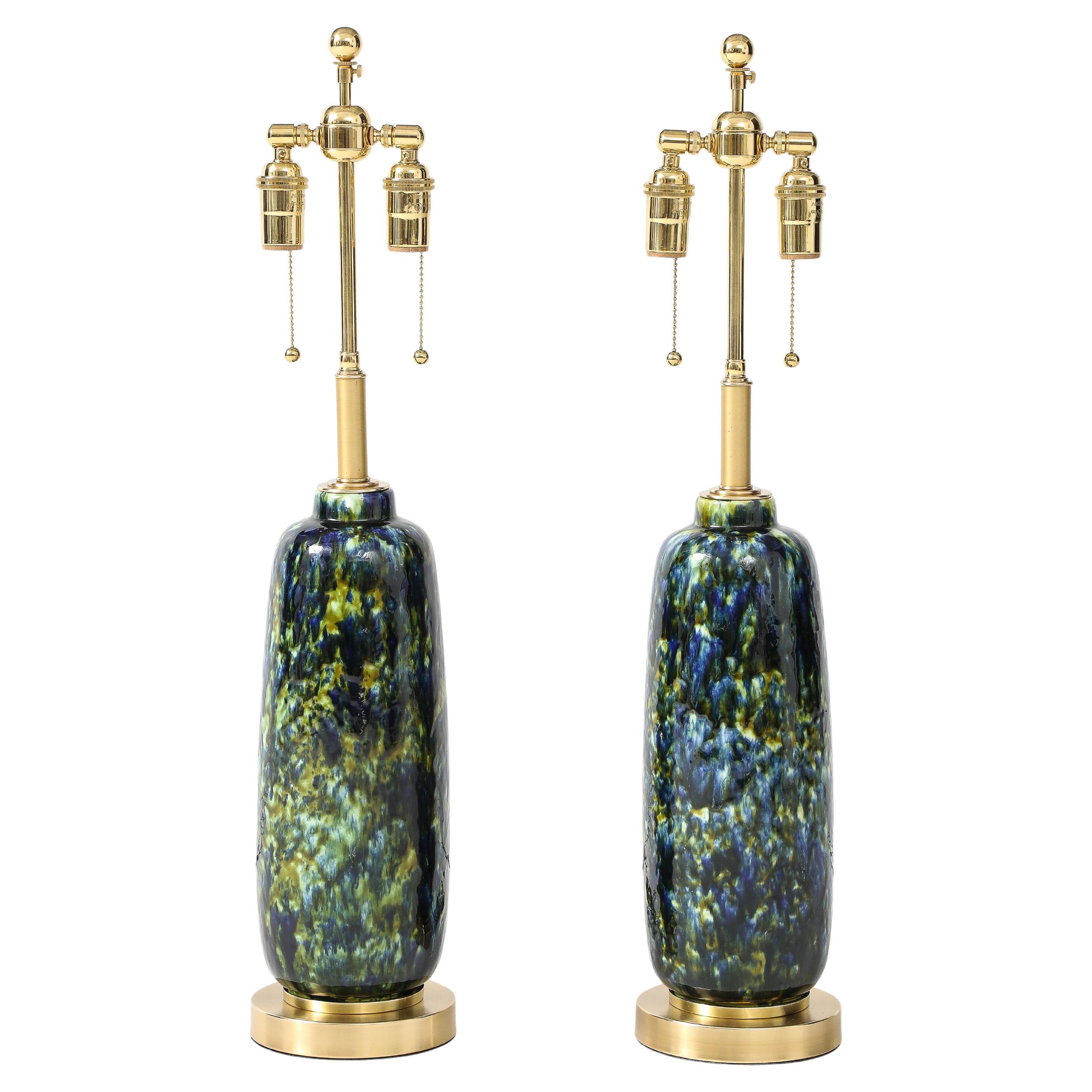 1960's Pair of Mid -Century Ceramic Lamps with a Beautiful Peacock Glaze. For Sale