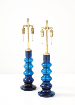 1960's Pair of Mid-Century Swedish Blue Glass Totem Lamps