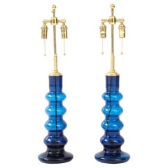1960's Pair of Mid-Century Swedish Blue Glass Totem Lamps