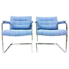 1960'S Pair of Milo Baughman Style Upholstered Chrome Armchairs By Patrician
