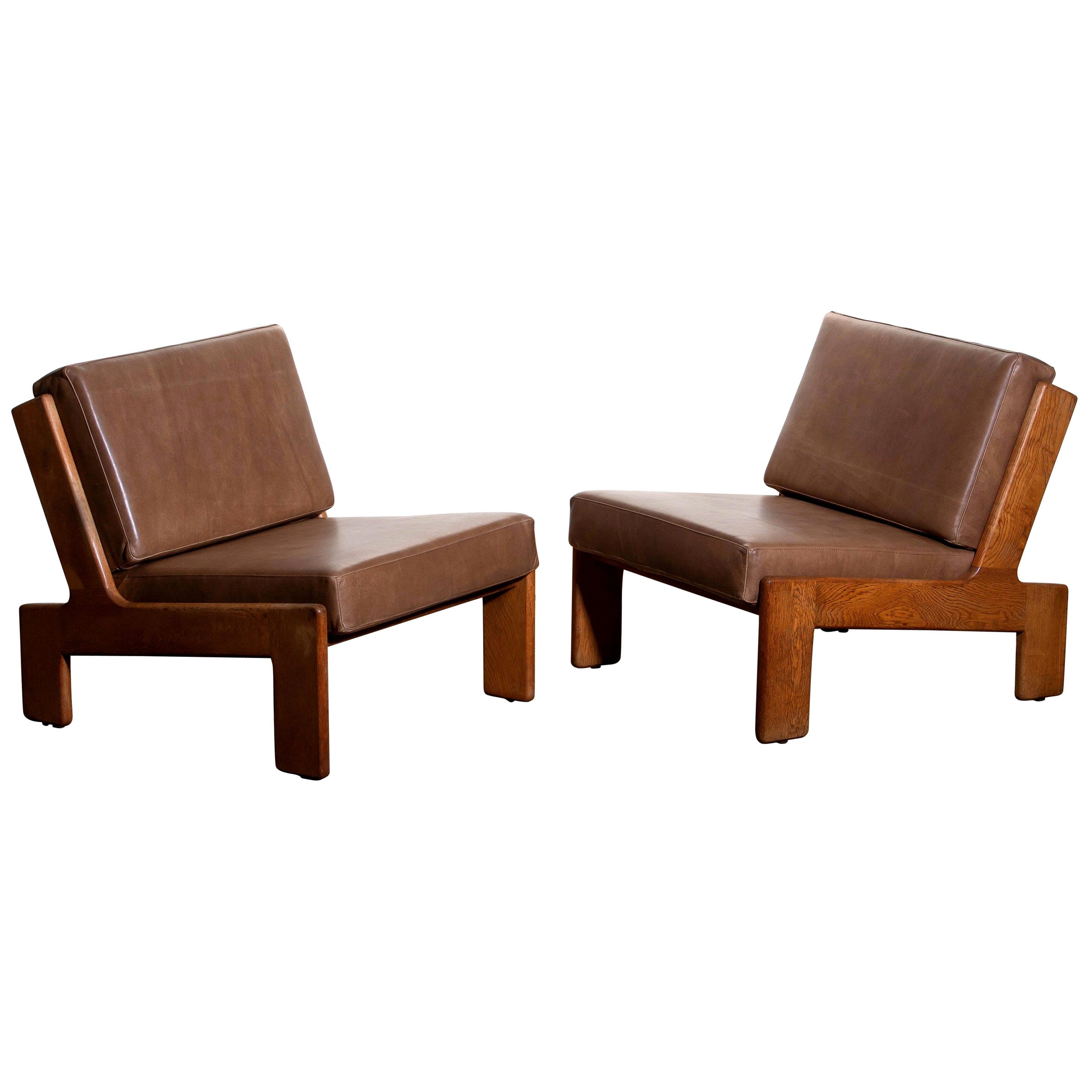 1960s, Pair of Oak and Leather Cubist Lounge Chairs by Esko Pajamies for Asko