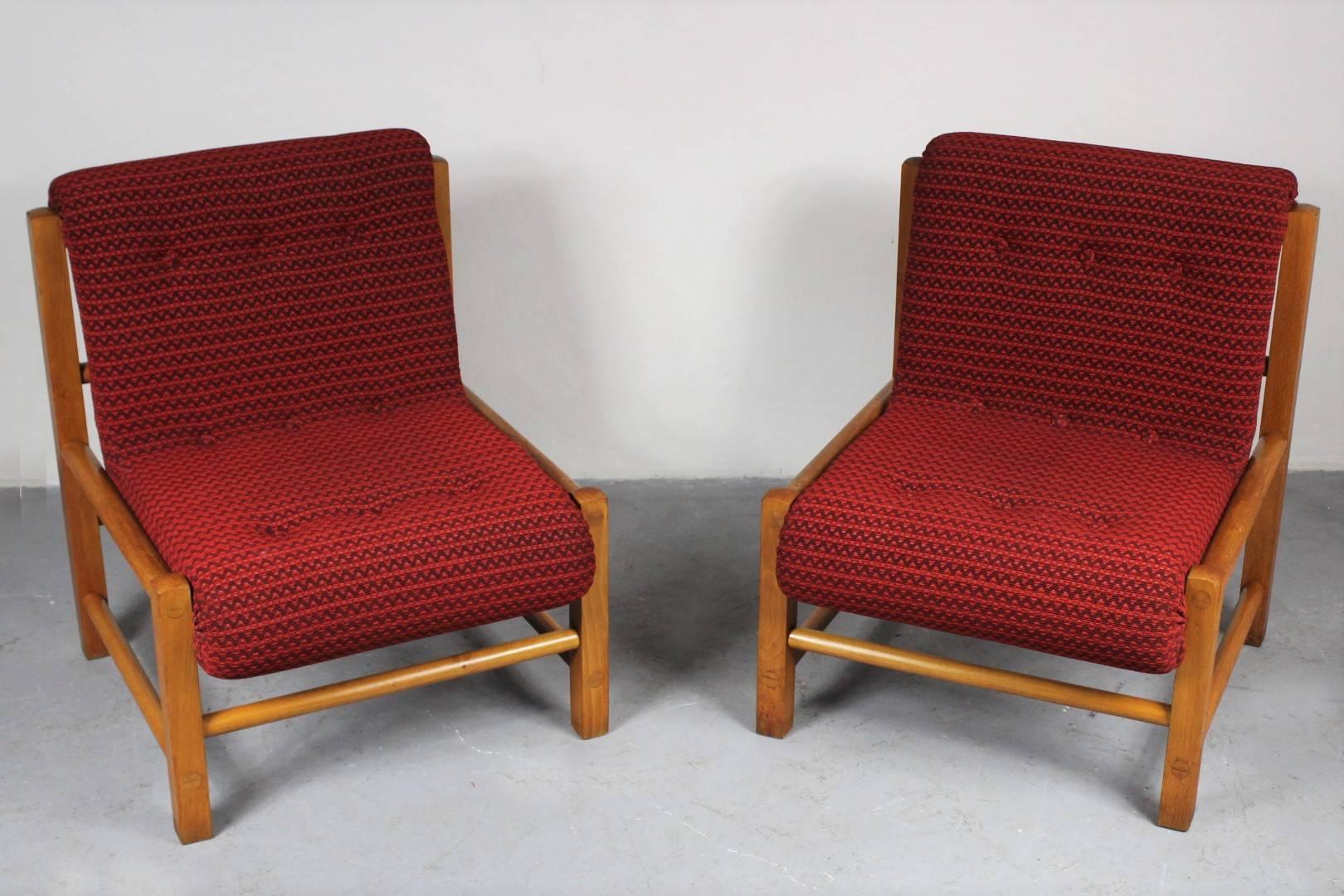 Mid-Century Modern 1960s Pair of Oak Easy Chairs, Czech Republic