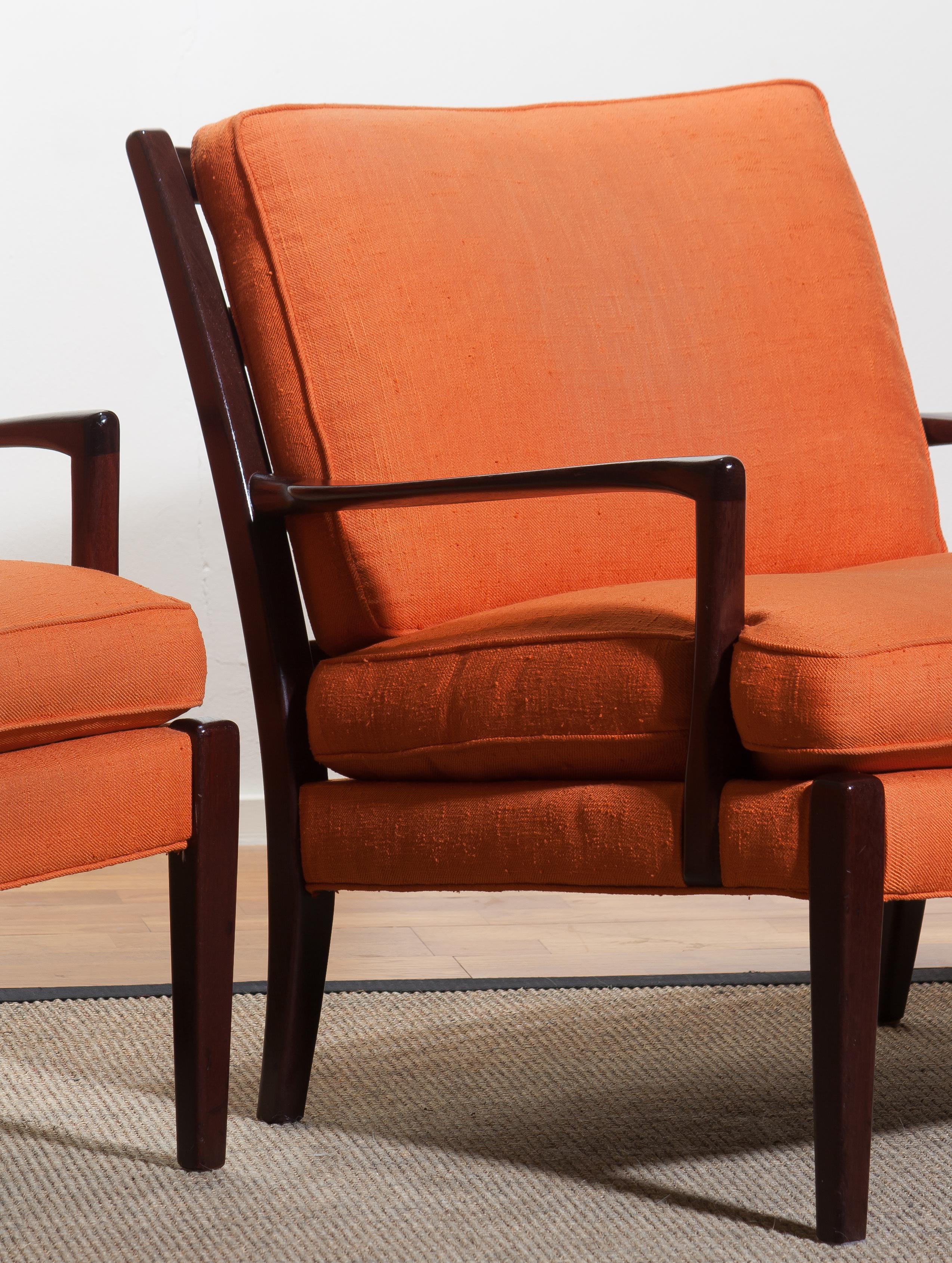 1960s, Pair Of Orange Linen Easy or Lounge Chairs 