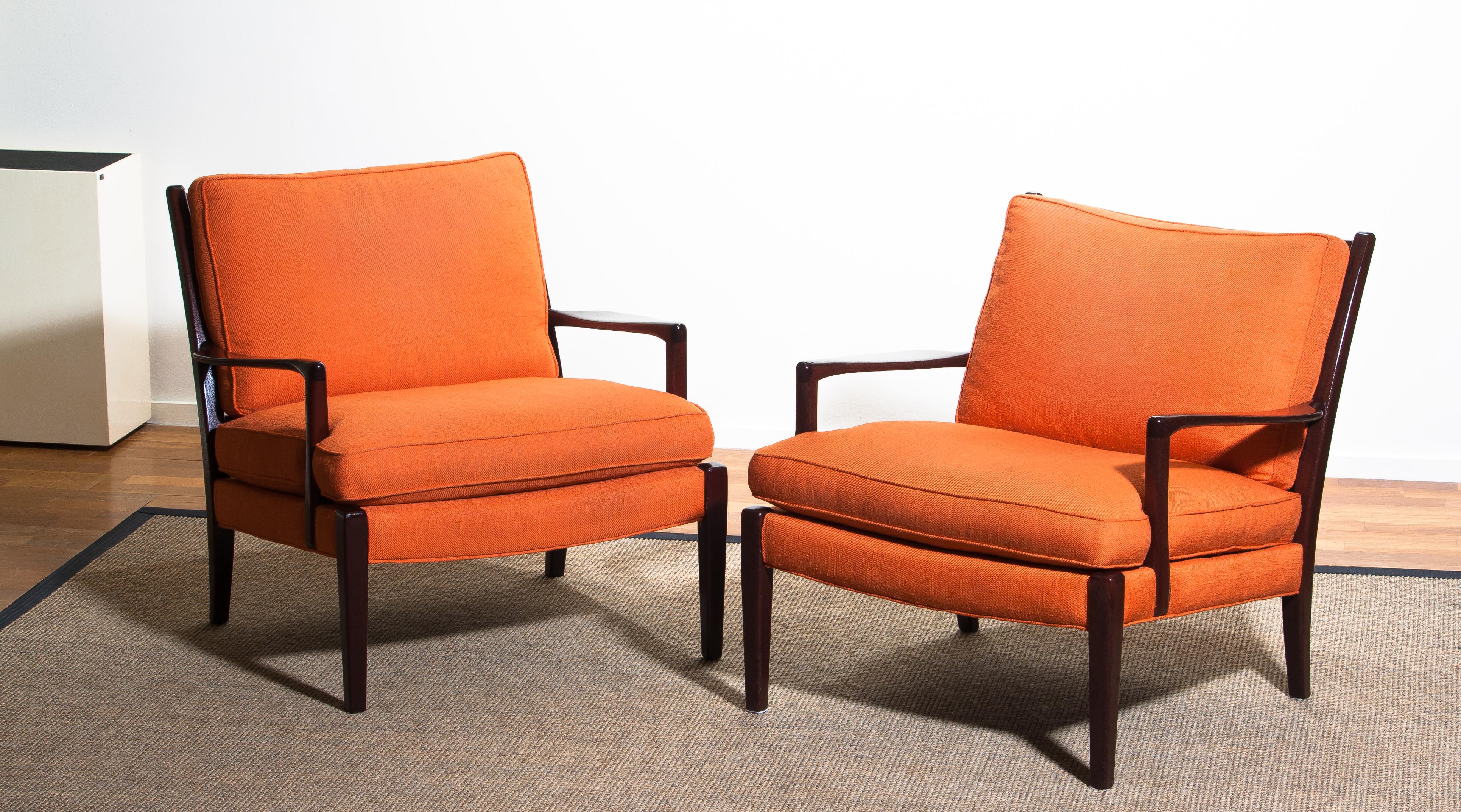 Mid-Century Modern 1960s, Pair Of Orange Linen Easy or Lounge Chairs 