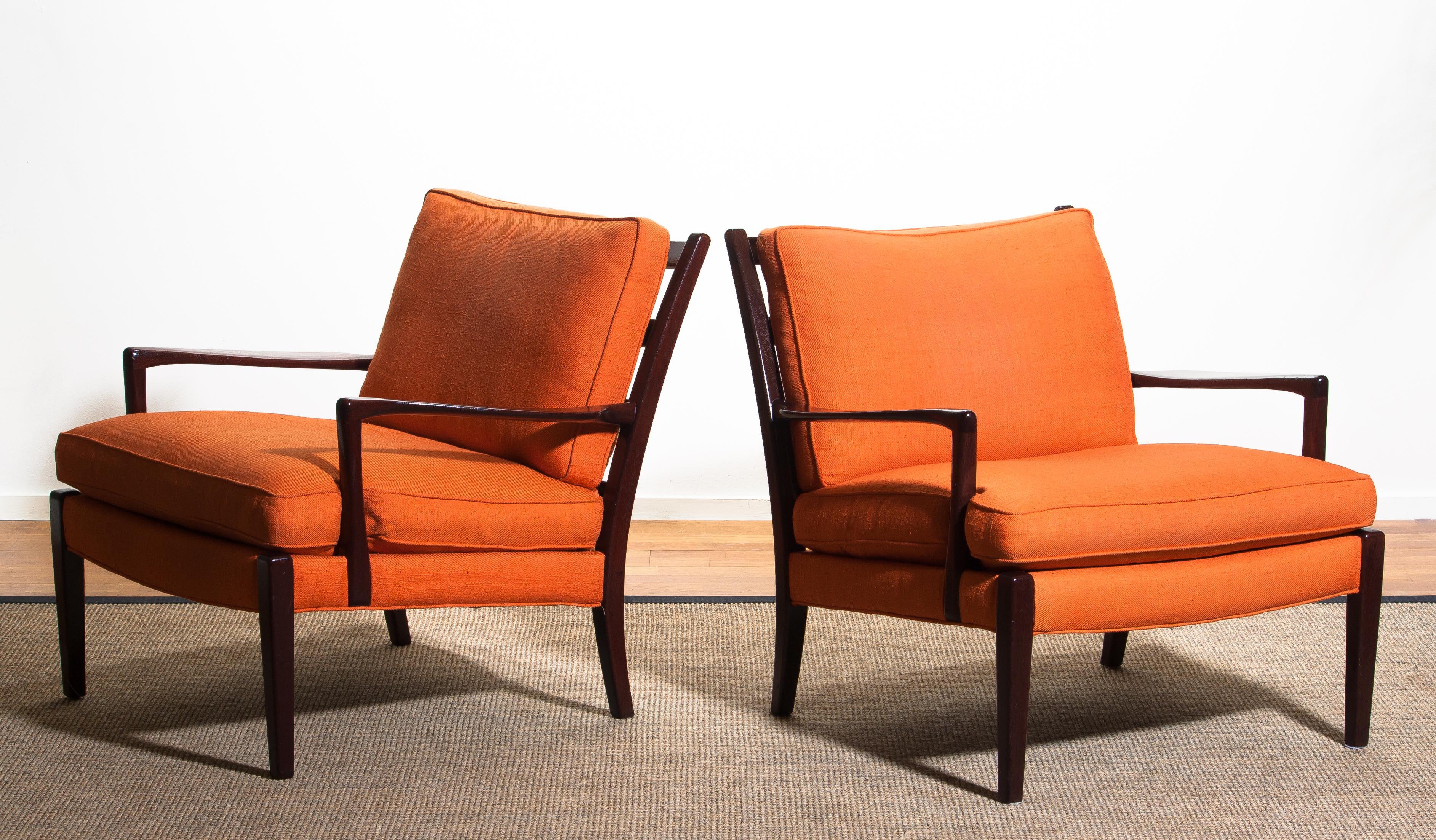 Swedish 1960s, Pair Of Orange Linen Easy or Lounge Chairs 