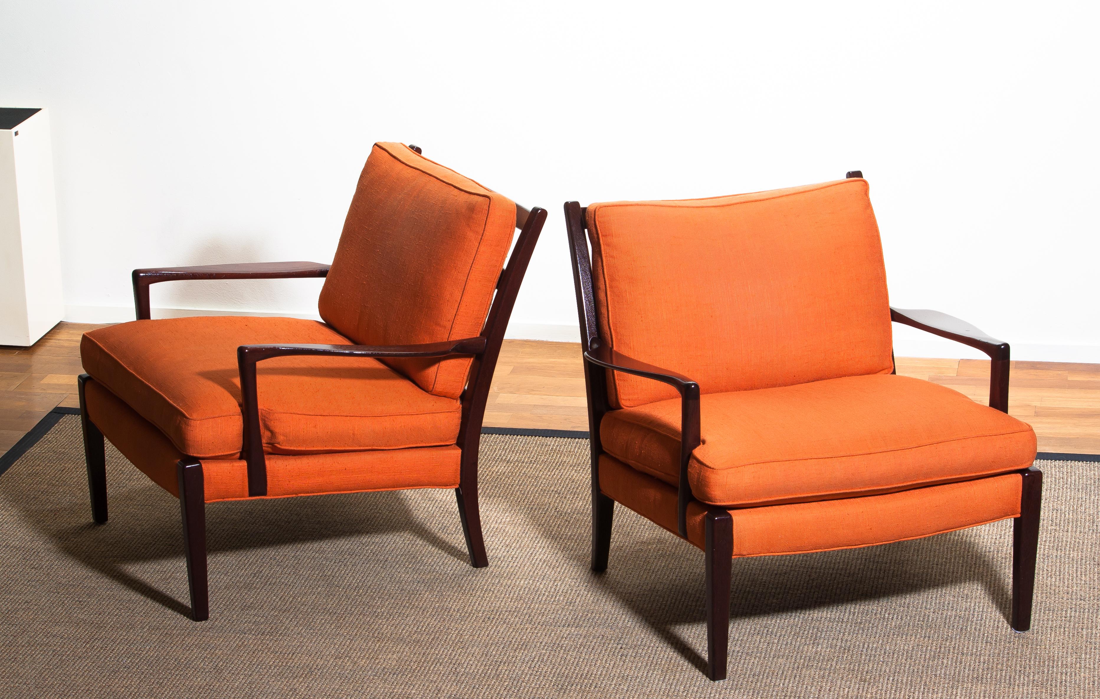 Mid-20th Century 1960s, Pair Of Orange Linen Easy or Lounge Chairs 