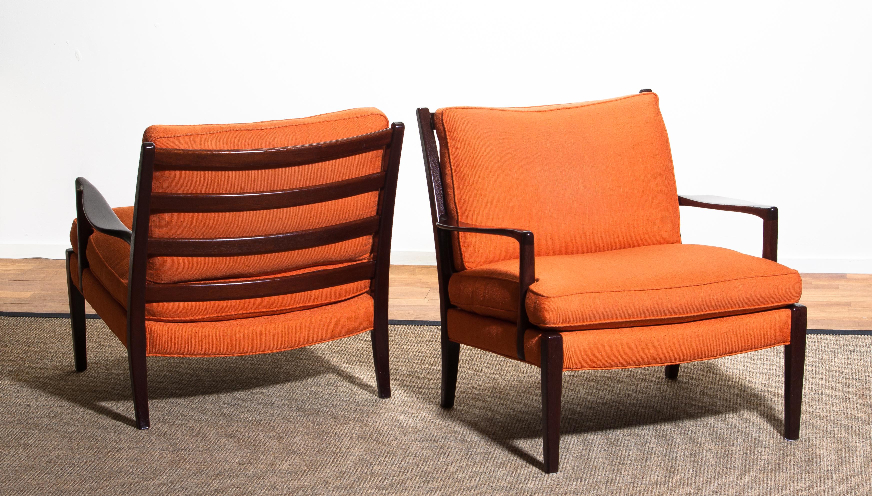 1960s, Pair Of Orange Linen Easy or Lounge Chairs 