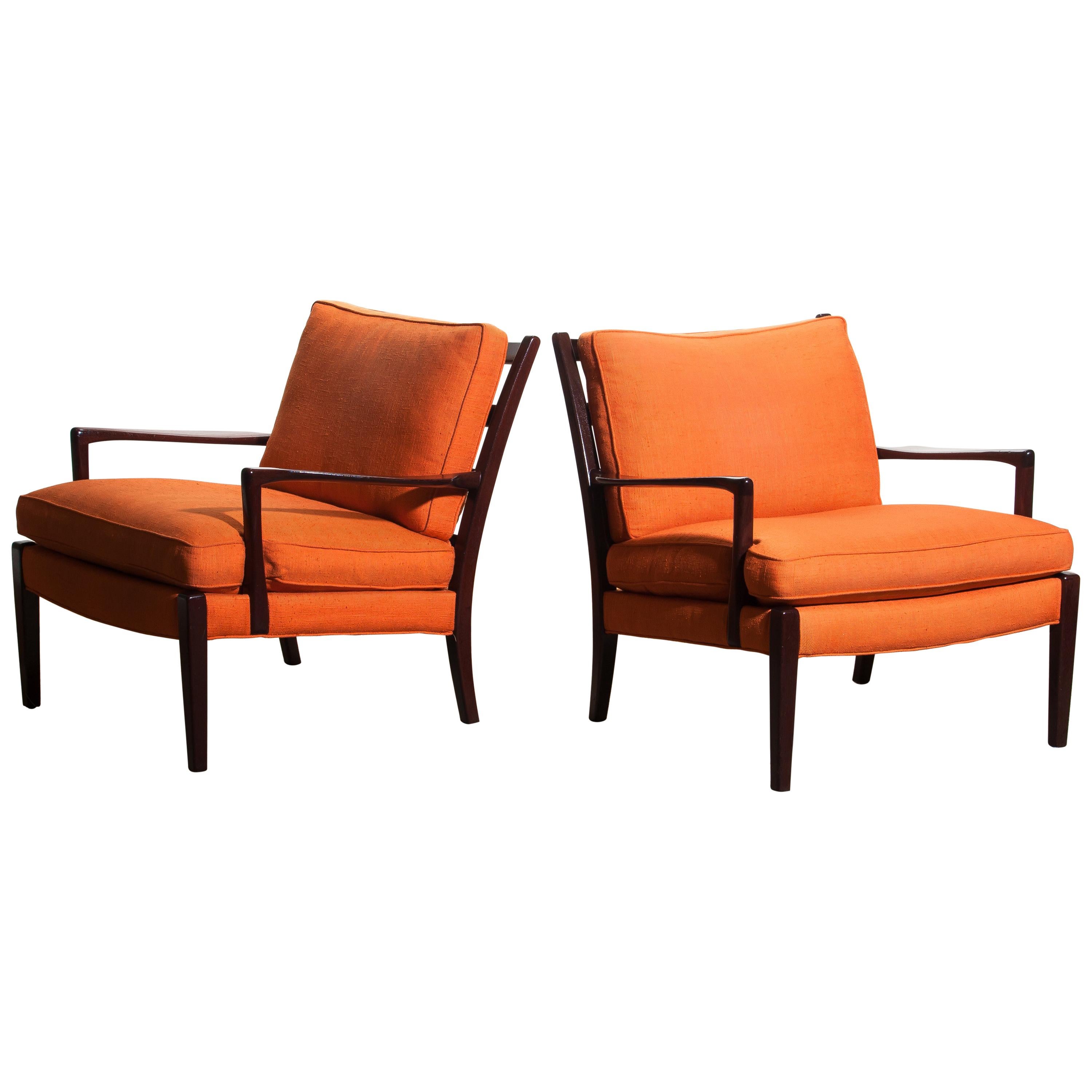 Mid-Century Modern 1960s, Pair of Orange Linen Easy / Lounge Chairs 