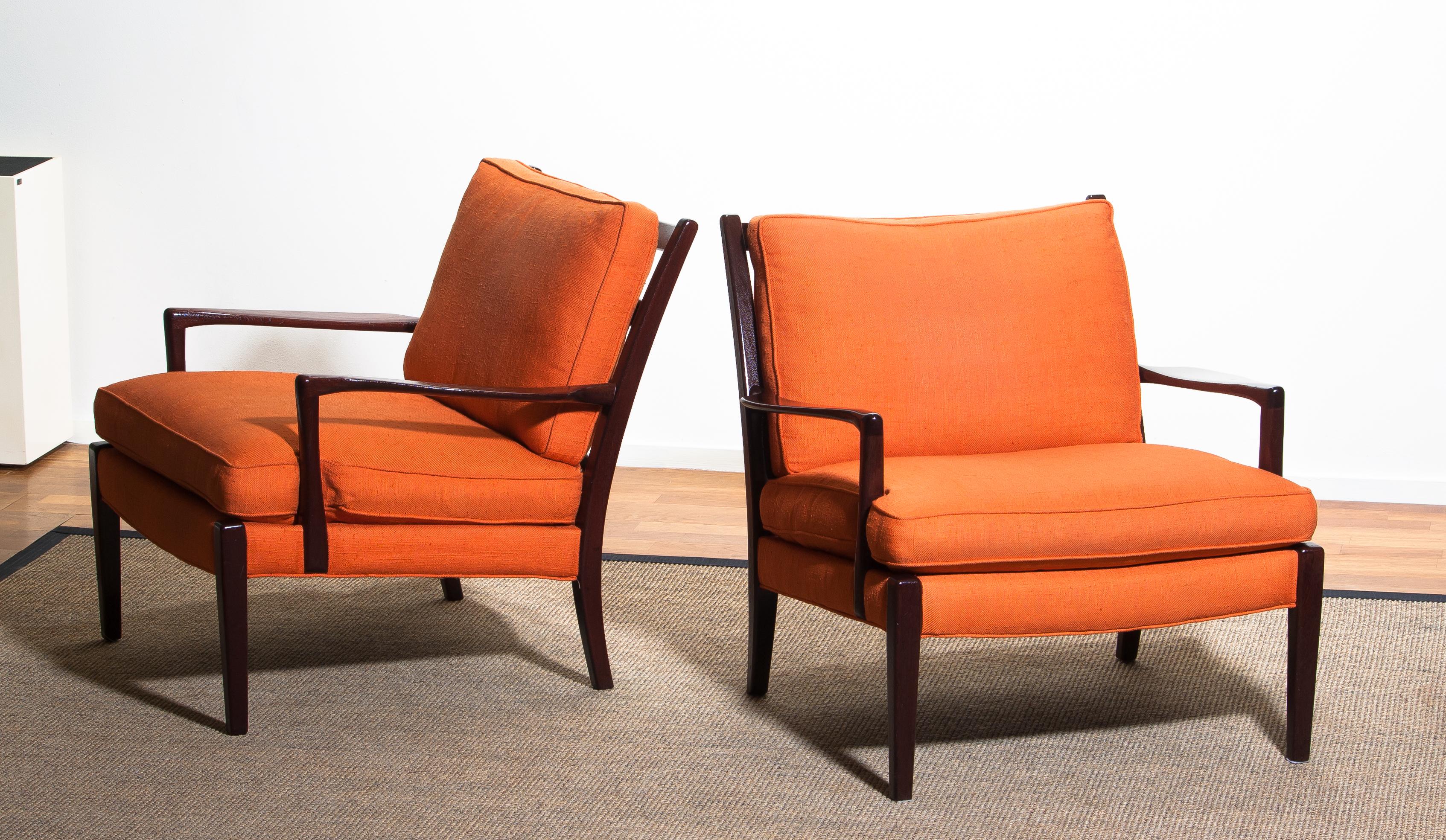 Mid-20th Century 1960s, Pair of Orange Linen Easy / Lounge Chairs 