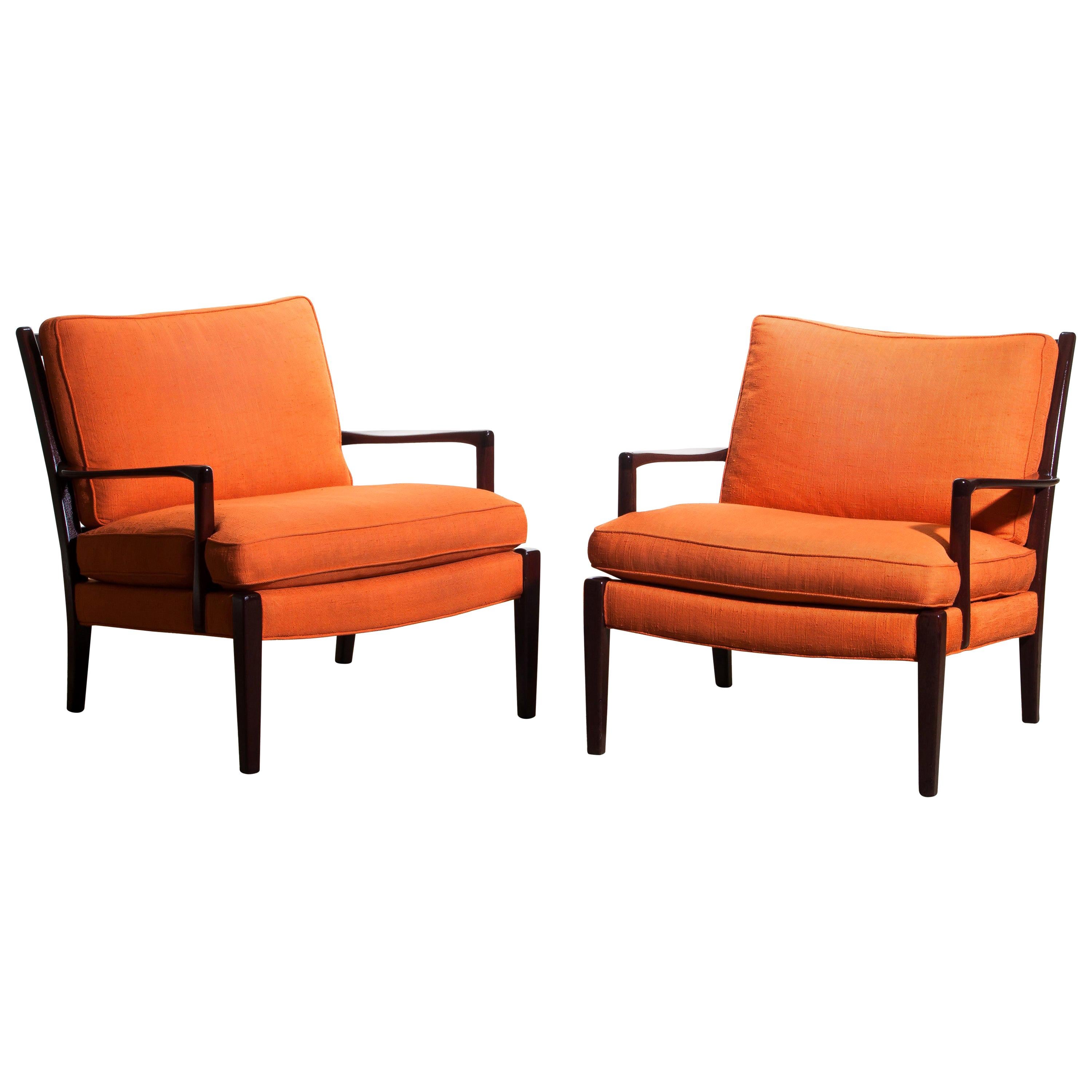 1960s, Pair of Orange Linen Easy / Lounge Chairs "Löven" by Arne Norell, Sweden