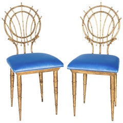 1960s Pair of Petite Chinoiserie Gold Gilt Bamboo Style Chairs