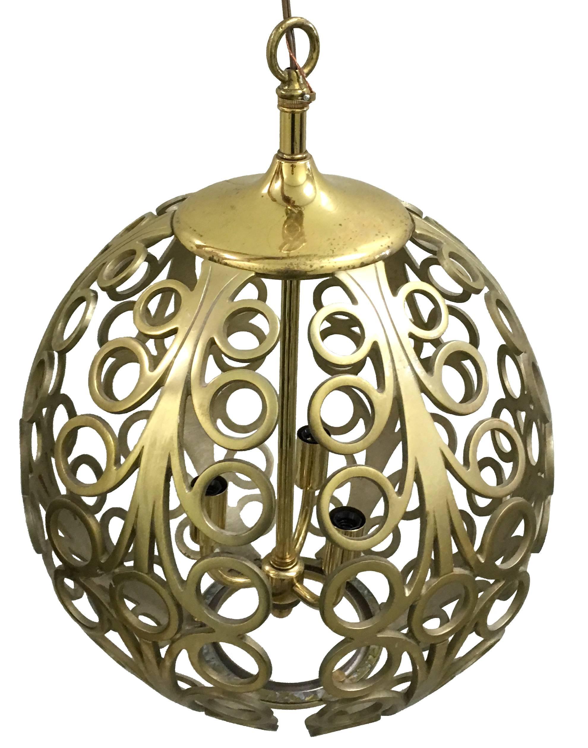 Mid-Century Modern 1960s Pair of Pierced Brass Geometric Pendant Lights For Sale