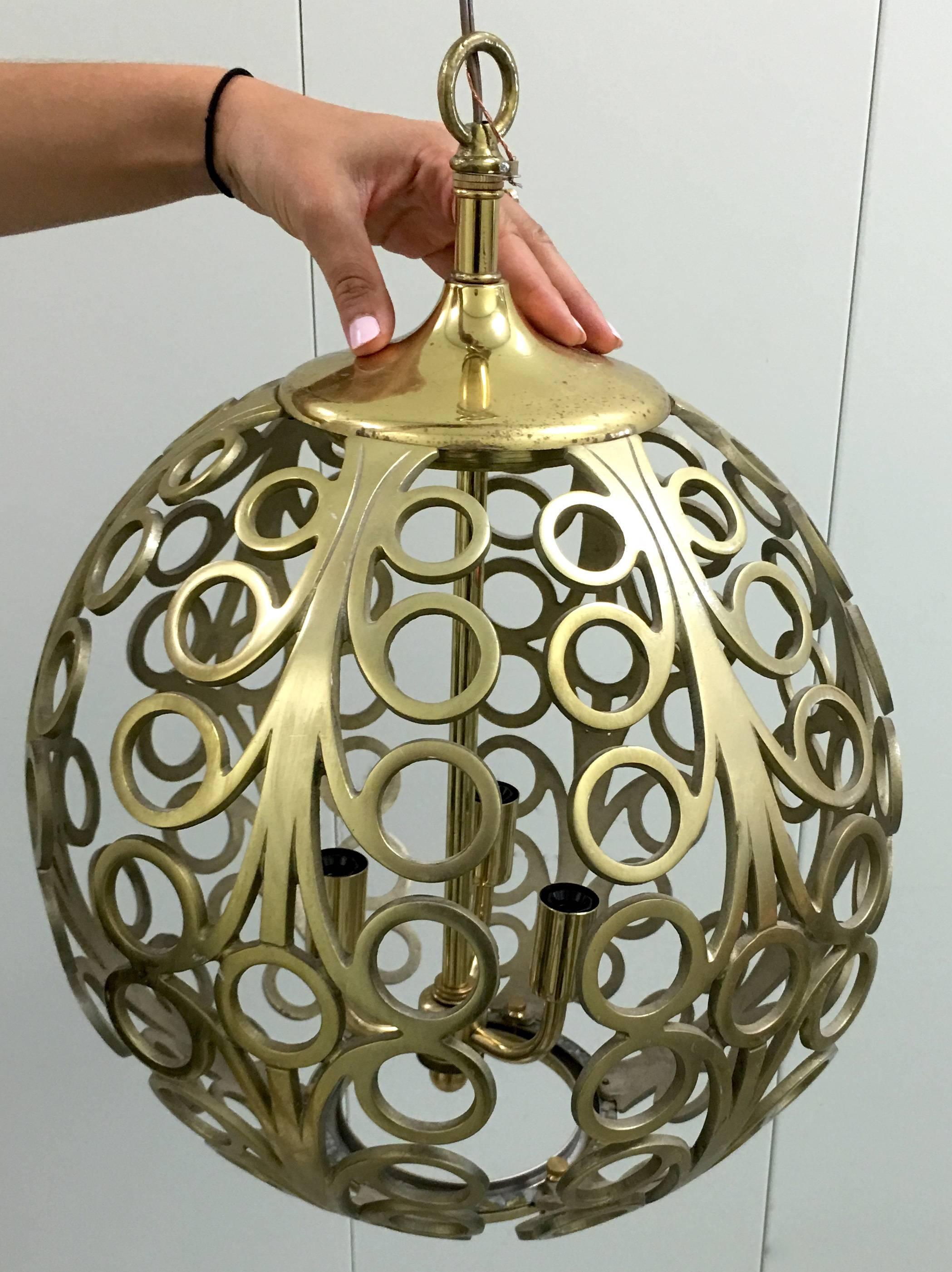 1960s Pair of Pierced Brass Geometric Pendant Lights In Good Condition For Sale In Stamford, CT