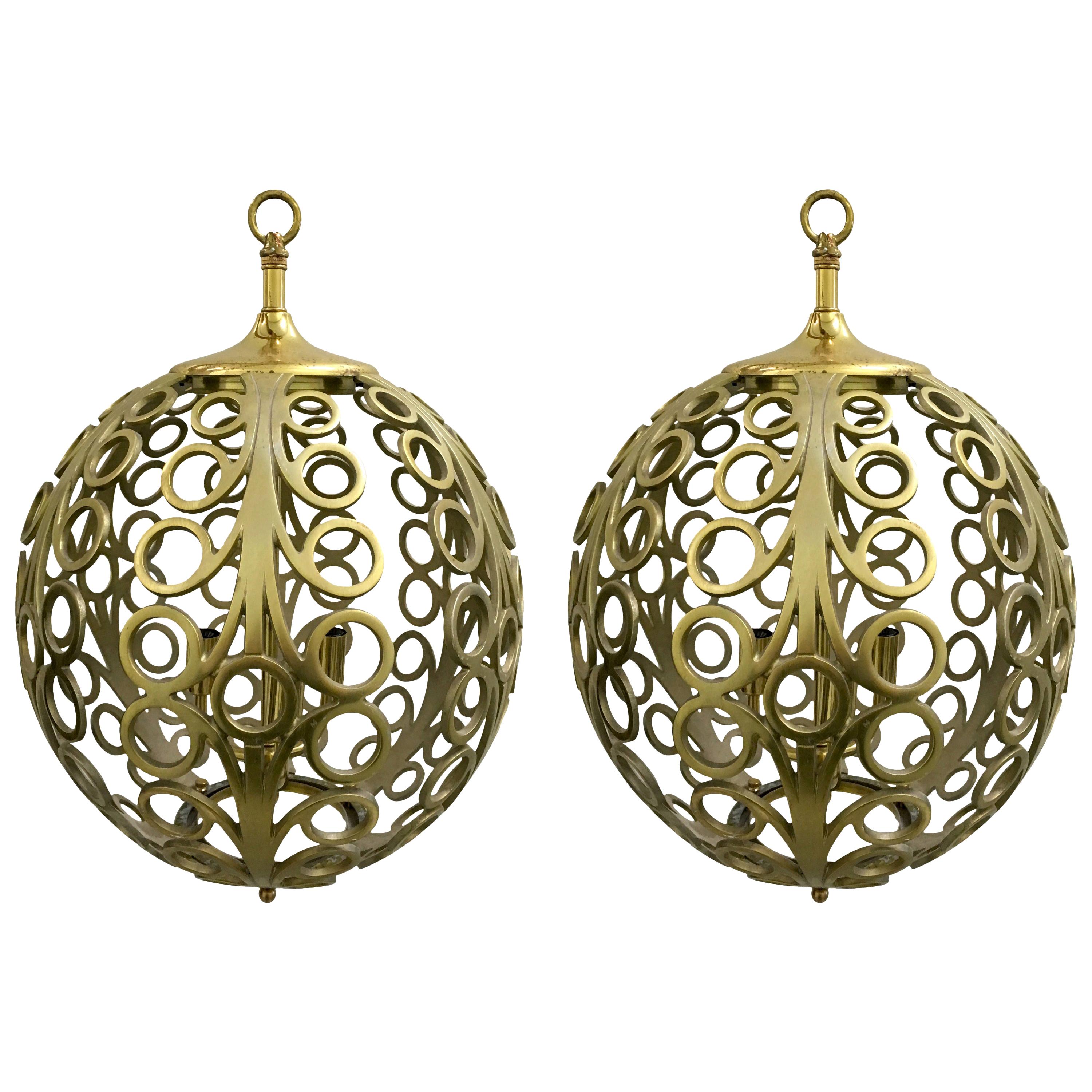 1960s Pair of Pierced Brass Geometric Pendant Lights For Sale