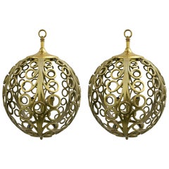 Vintage 1960s Pair of Pierced Brass Geometric Pendant Lights