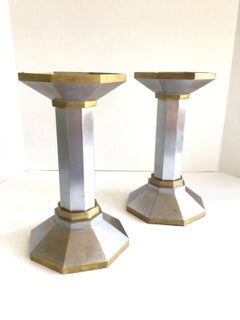 1960s Pair of Polished Aluminum and Brass Church Candlestick Holders