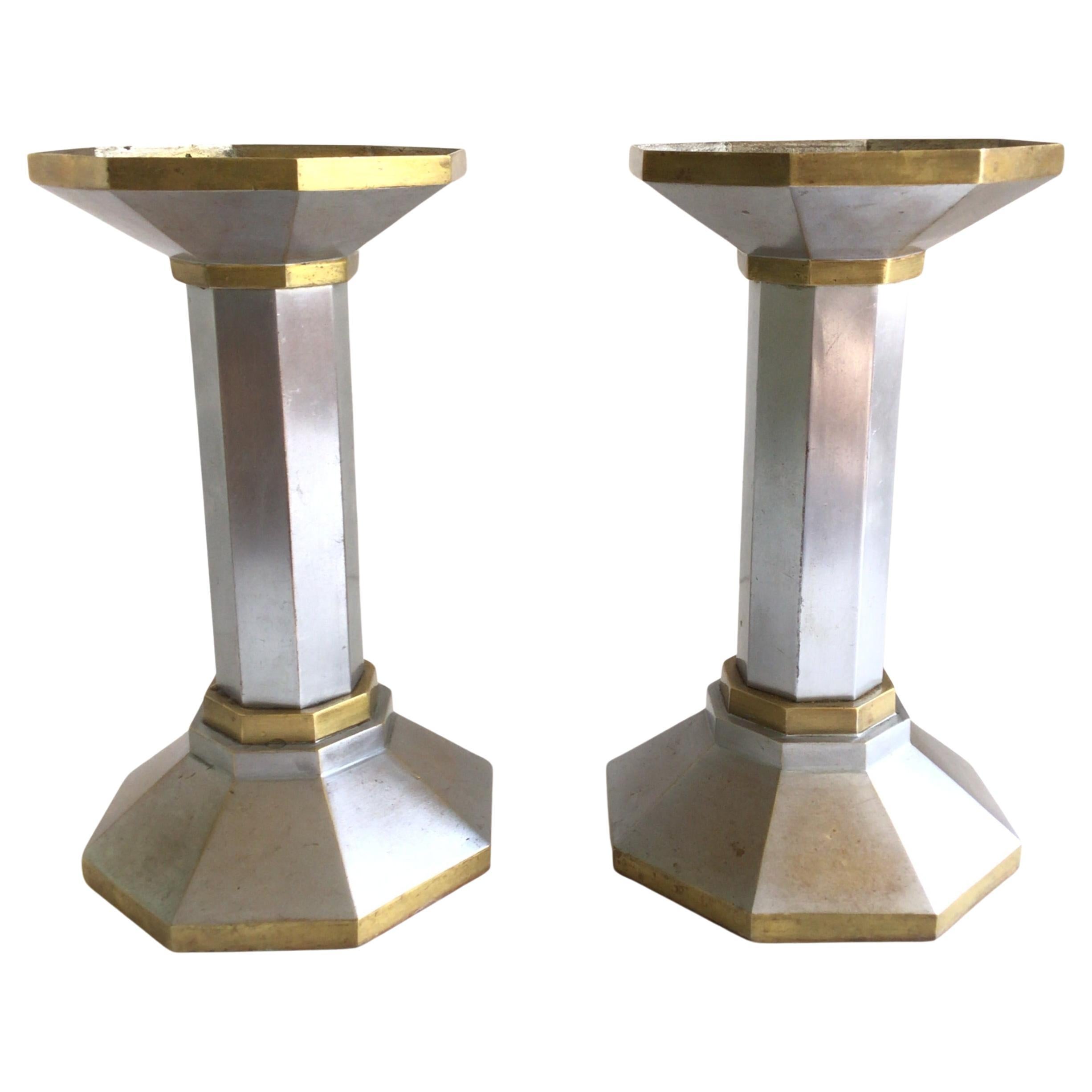 1960s Pair of Polished Aluminum and Brass Church Candlestick Holders
