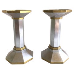 1960s Pair of Polished Aluminum and Brass Church Candlestick Holders