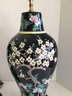 1960s Pair of Porcelain Vase Table Lamps on Carved Wood Base