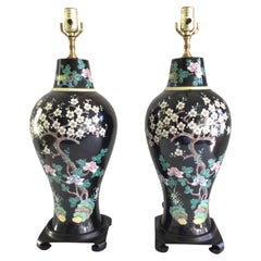 1960s Pair of Porcelain Vase Table Lamps on Carved Wood Base