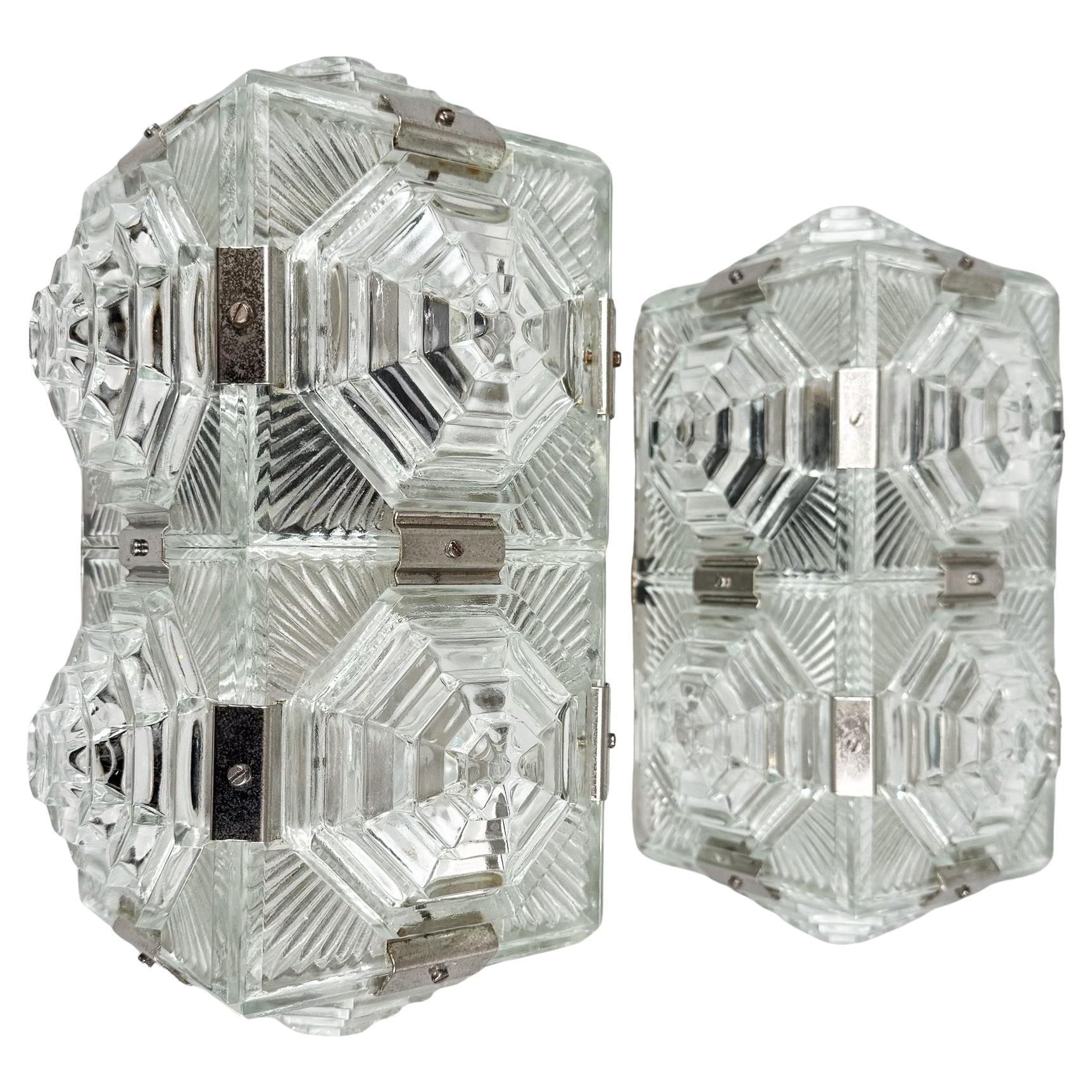 1960s Pair of Pressed Glass Wall Lamps by Kamenicky Senov, Czechoslovakia