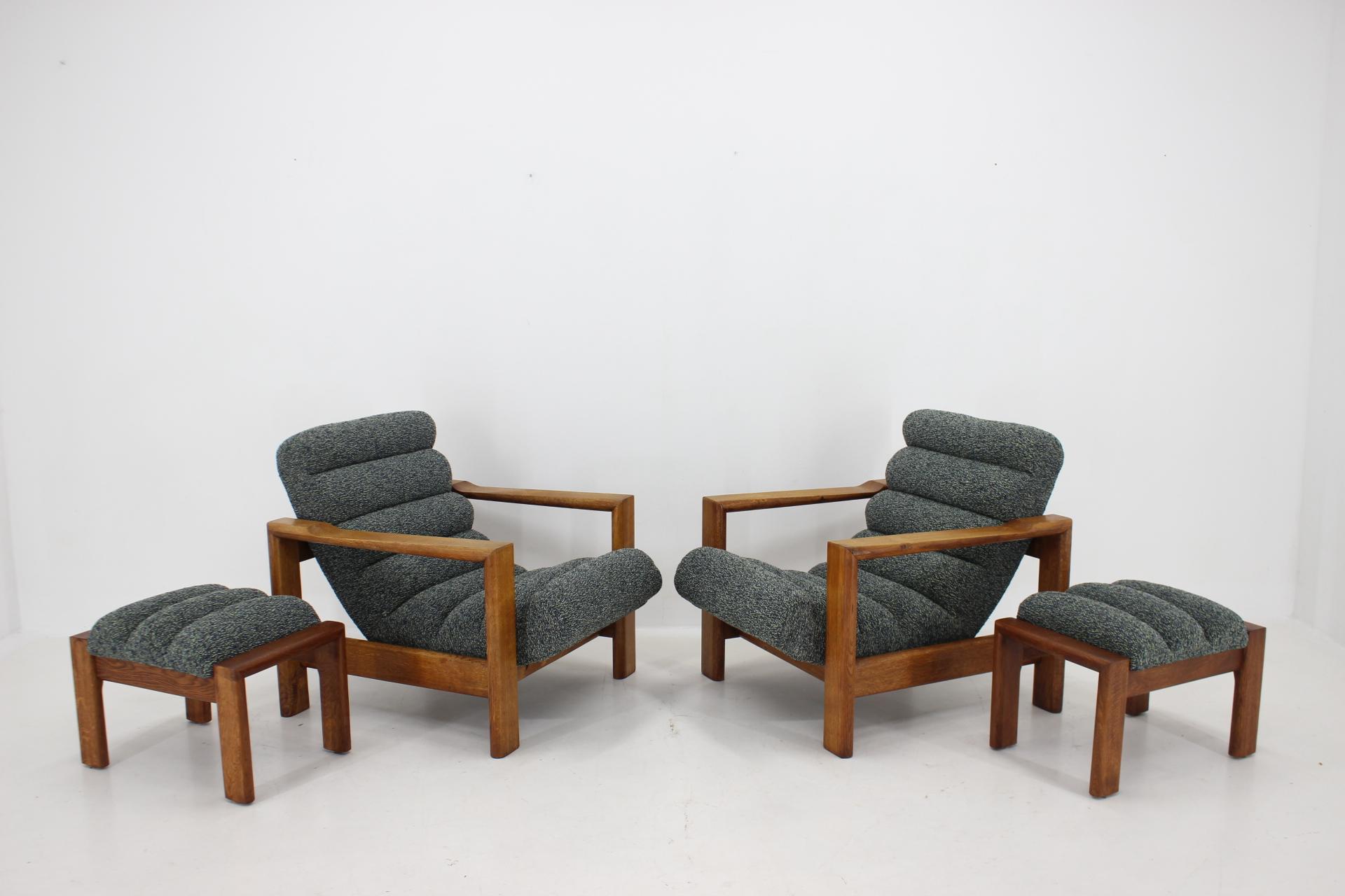 Mid-Century Modern 1960s, Pair of Rare Armchairs with Stools in Oak, Finland For Sale