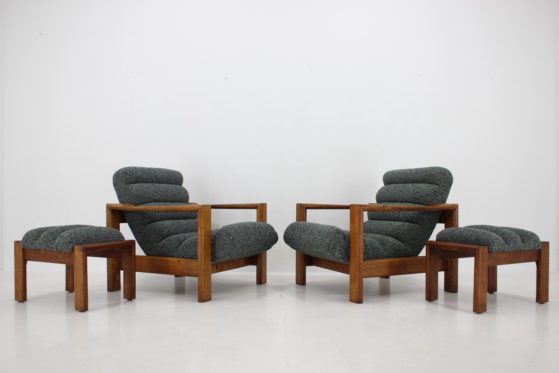 Finnish 1960s, Pair of Rare Armchairs with Stools in Oak, Finland For Sale