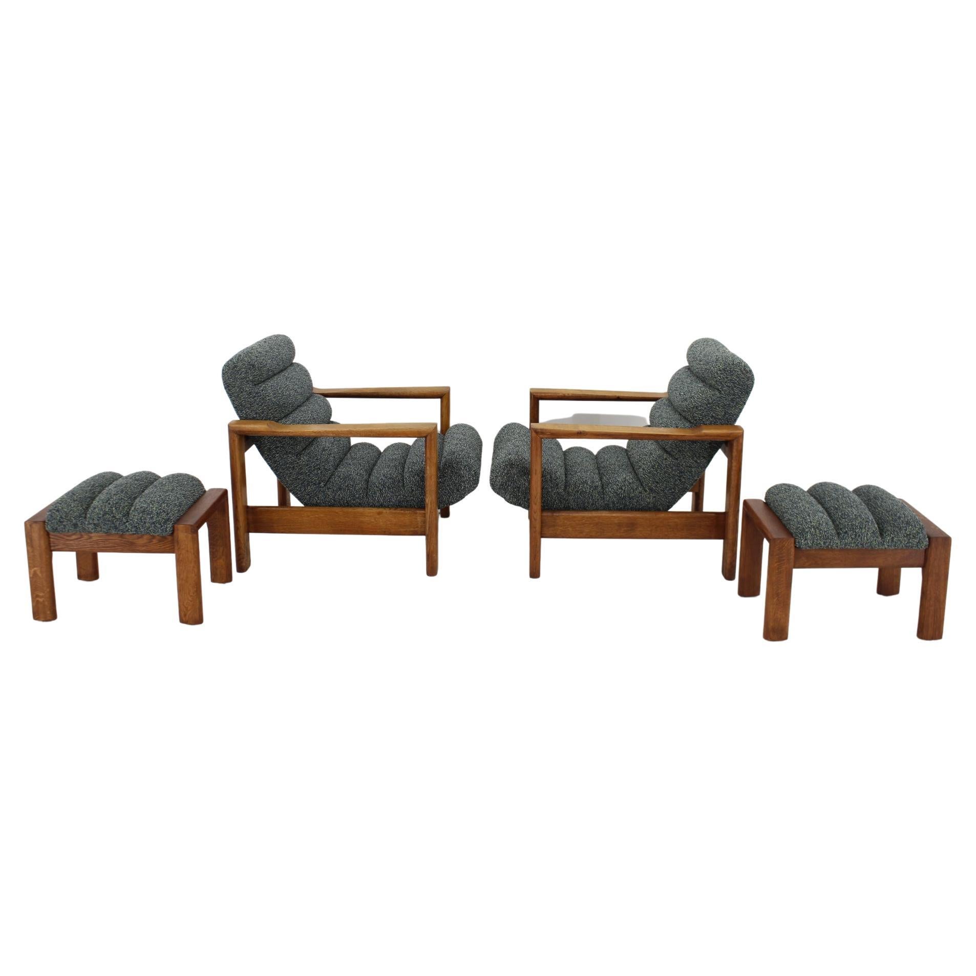 1960s, Pair of Rare Armchairs with Stools in Oak, Finland