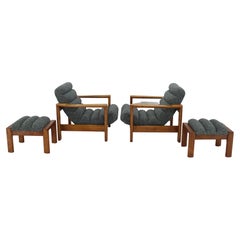 Vintage 1960s, Pair of Rare Armchairs with Stools in Oak, Finland