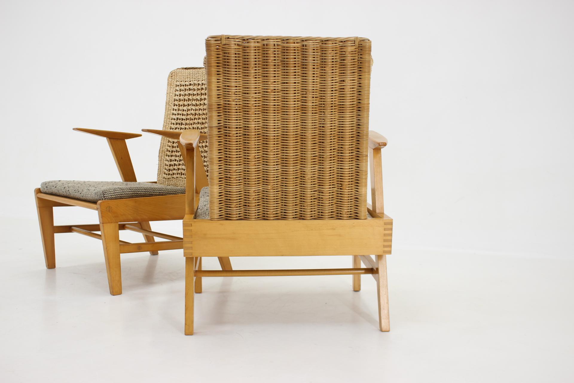 1960s, Pair of Rare Beech and Rattan Armchairs by Uluv, Czechoslovakia In Good Condition In Praha, CZ