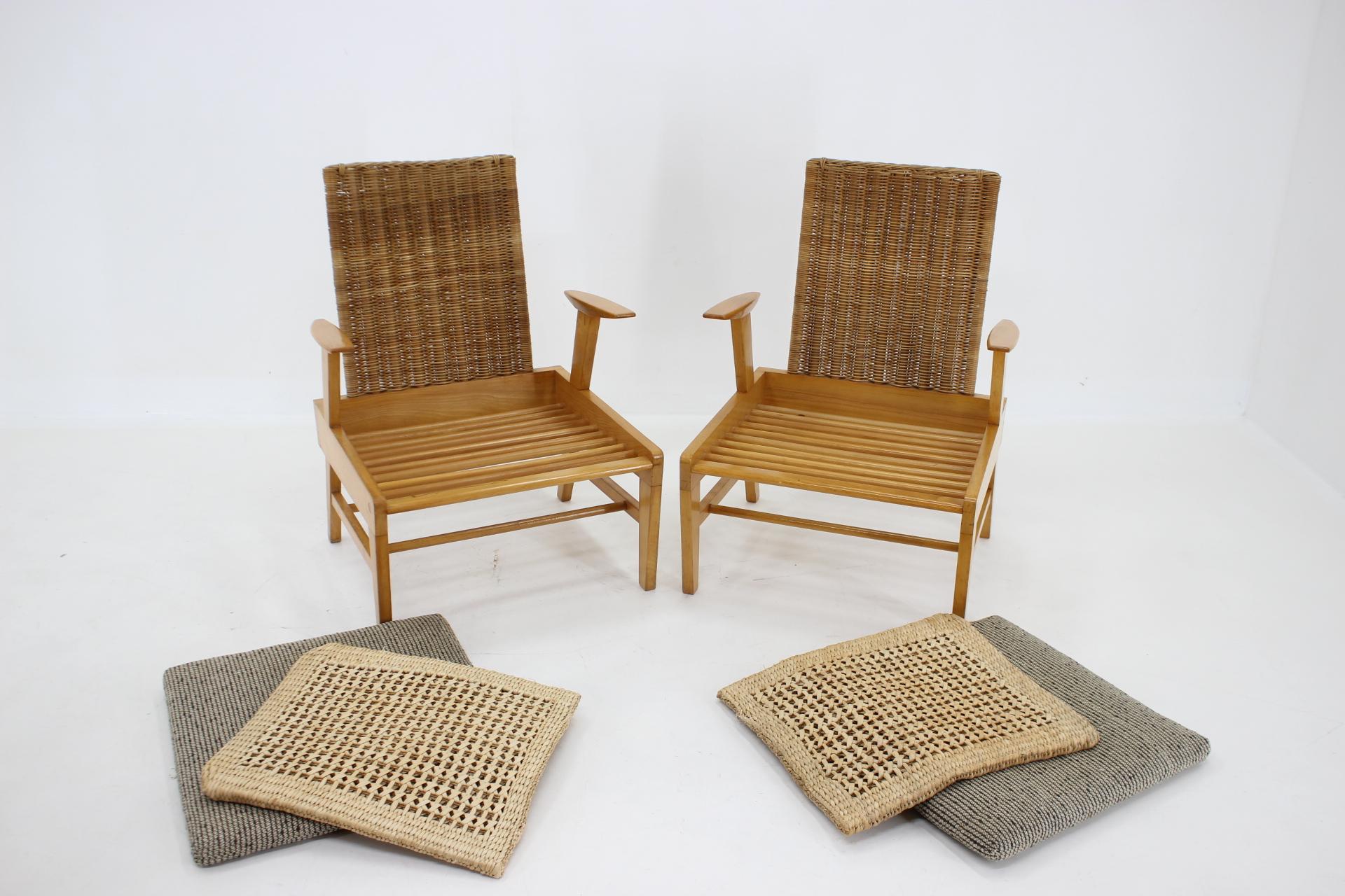 1960s, Pair of Rare Beech and Rattan Armchairs by Uluv, Czechoslovakia 1