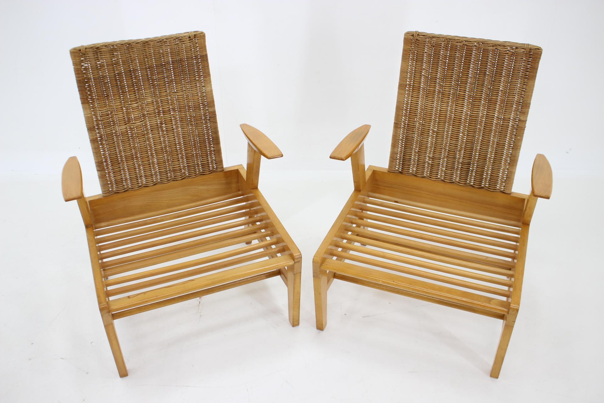 1960s, Pair of Rare Beech and Rattan Armchairs by Uluv, Czechoslovakia 2