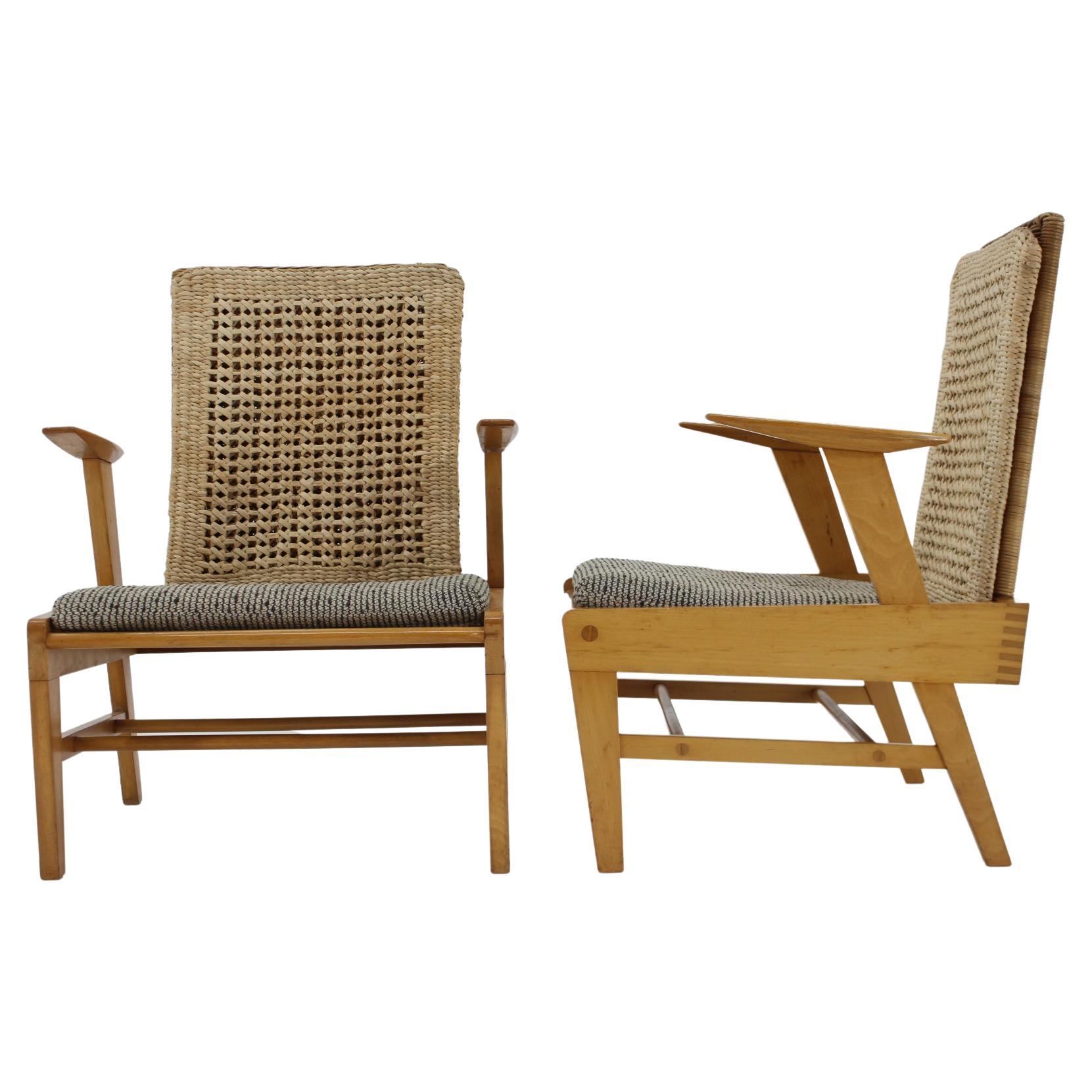 1960s, Pair of Rare Beech and Rattan Armchairs by Uluv, Czechoslovakia