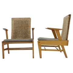 1960s, Pair of Rare Beech and Rattan Armchairs by Uluv, Czechoslovakia