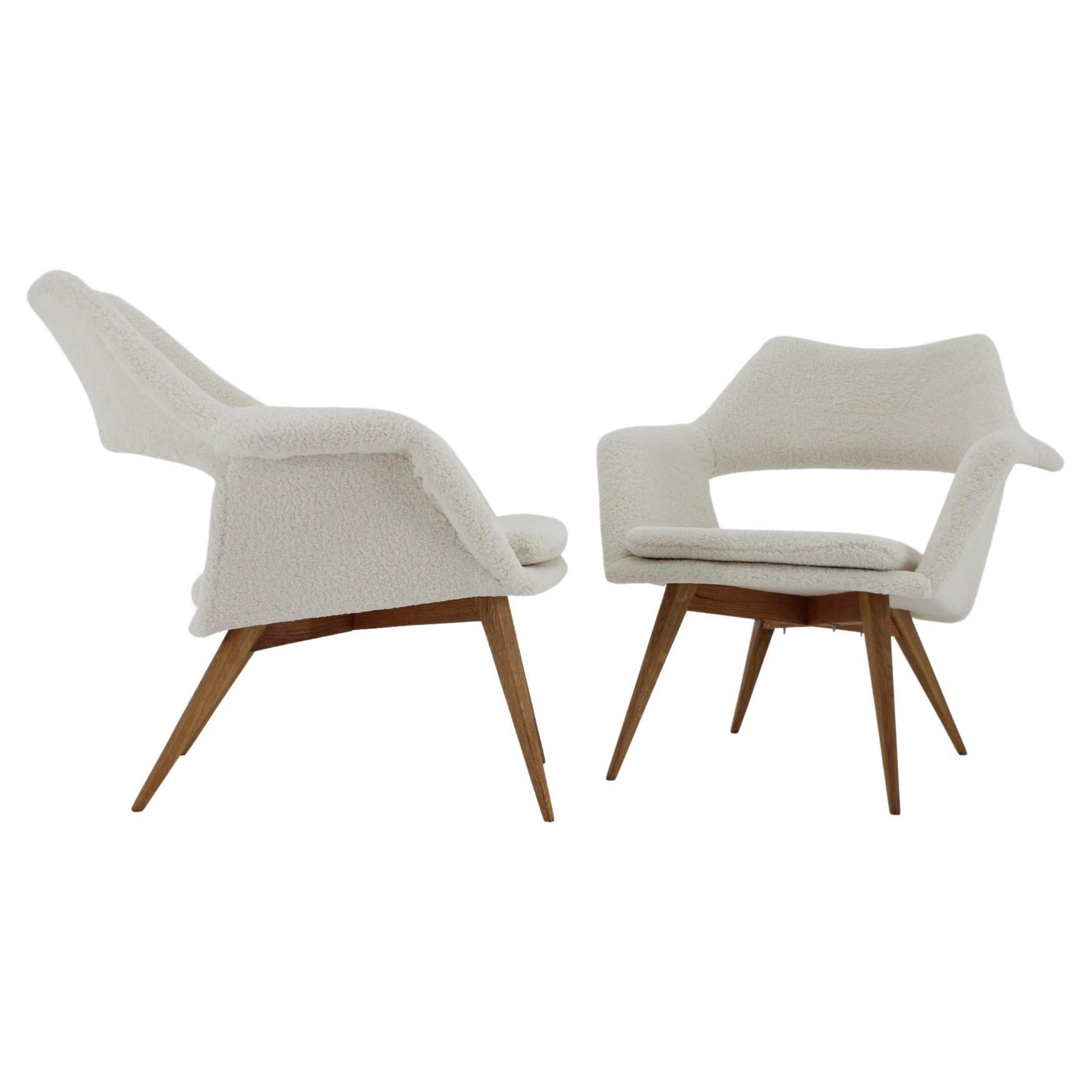 1960s Pair of  Rare Miroslav Navratil Shell Lounge Chairs in Sheepskin Fabric, C For Sale