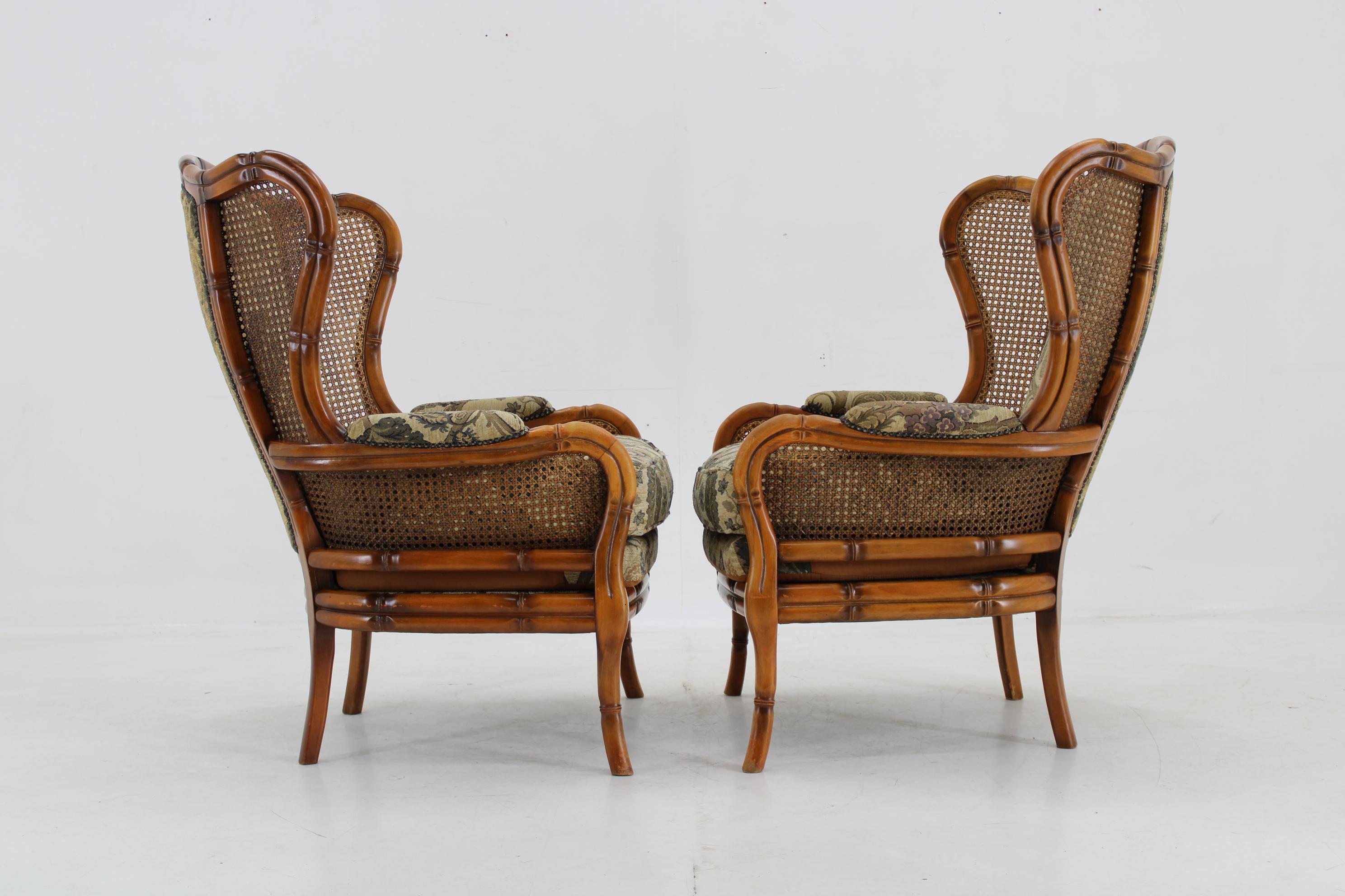 Fabric 1960s Pair of Rattan Armchairs , Italy For Sale