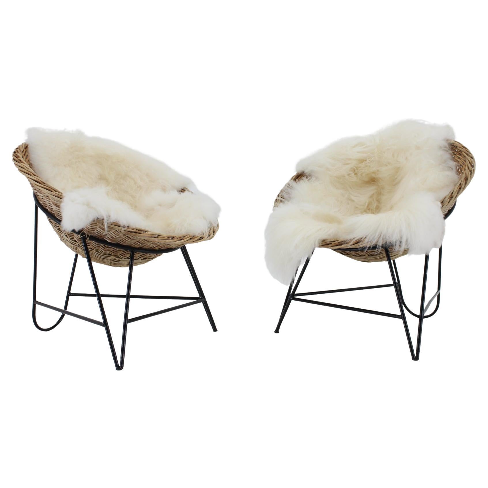 Paire de chaises paniers en rotin tressé avec peau de mouton islandaise des années 1960