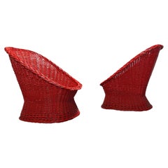 1960s Pair of  red Rattan Lounge Chairs , Italy