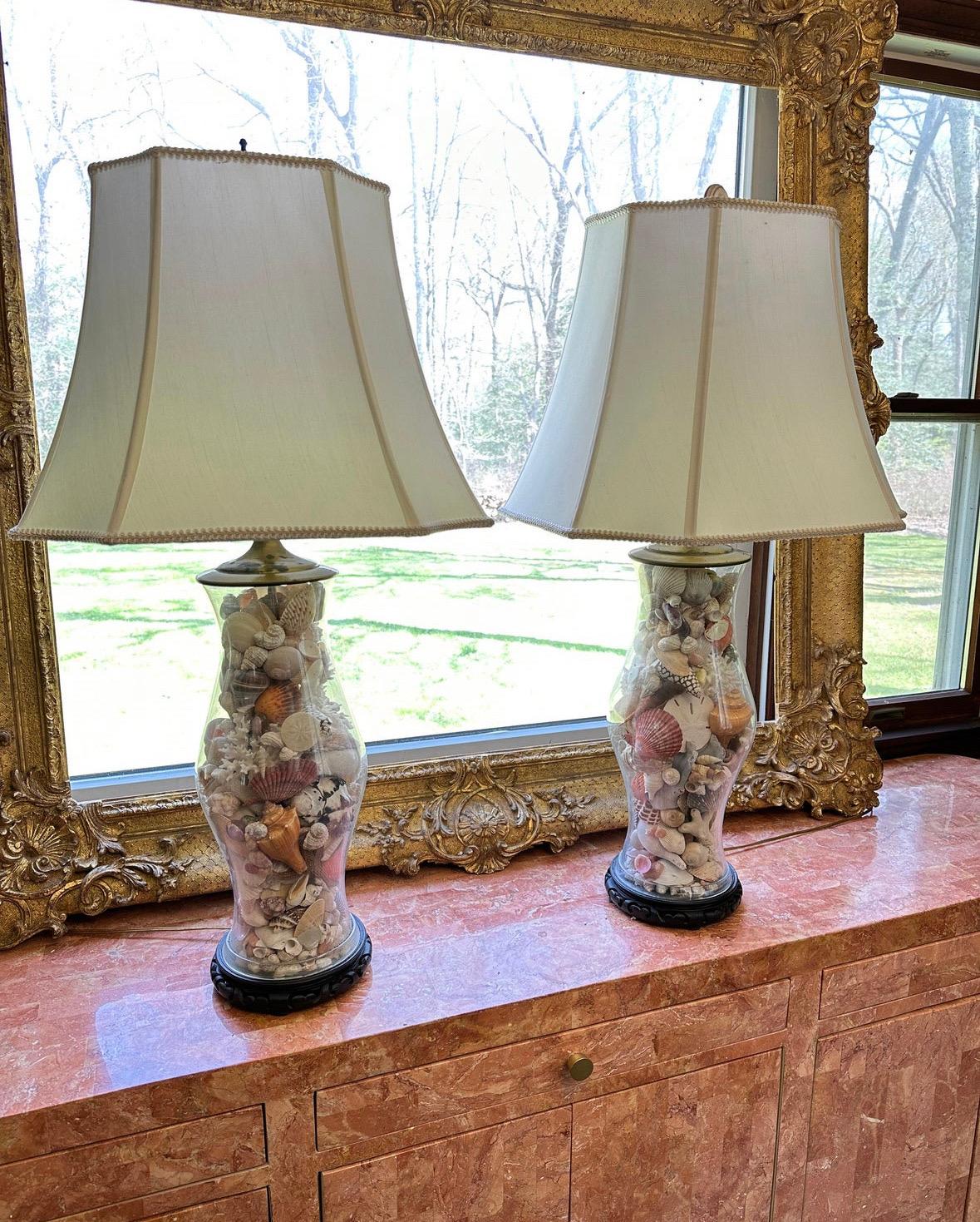 Mid-20th Century 1960s pair of royal leerdam / Blenko hurricane shell filled lamps  For Sale