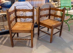 1960s Pair of Rustic Corner Chairs made of Wood with Woven Seats