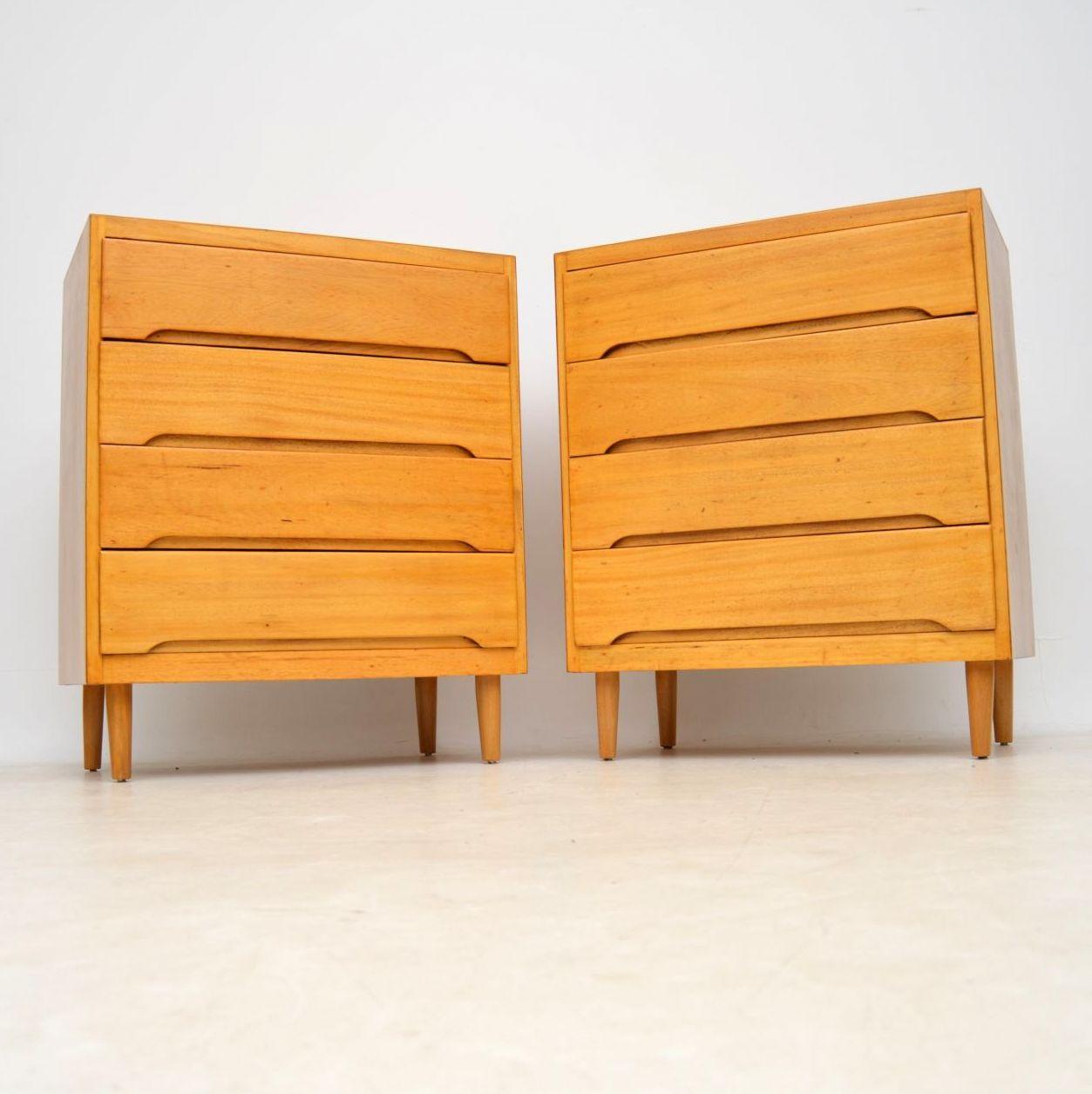 A stylish and useful pair of vintage chest of drawers, these date from circa 1960s. They’re made from a sort of satin wood ply, we have had them stripped and re-polished to a very high standard, the condition is excellent throughout.

Measures: