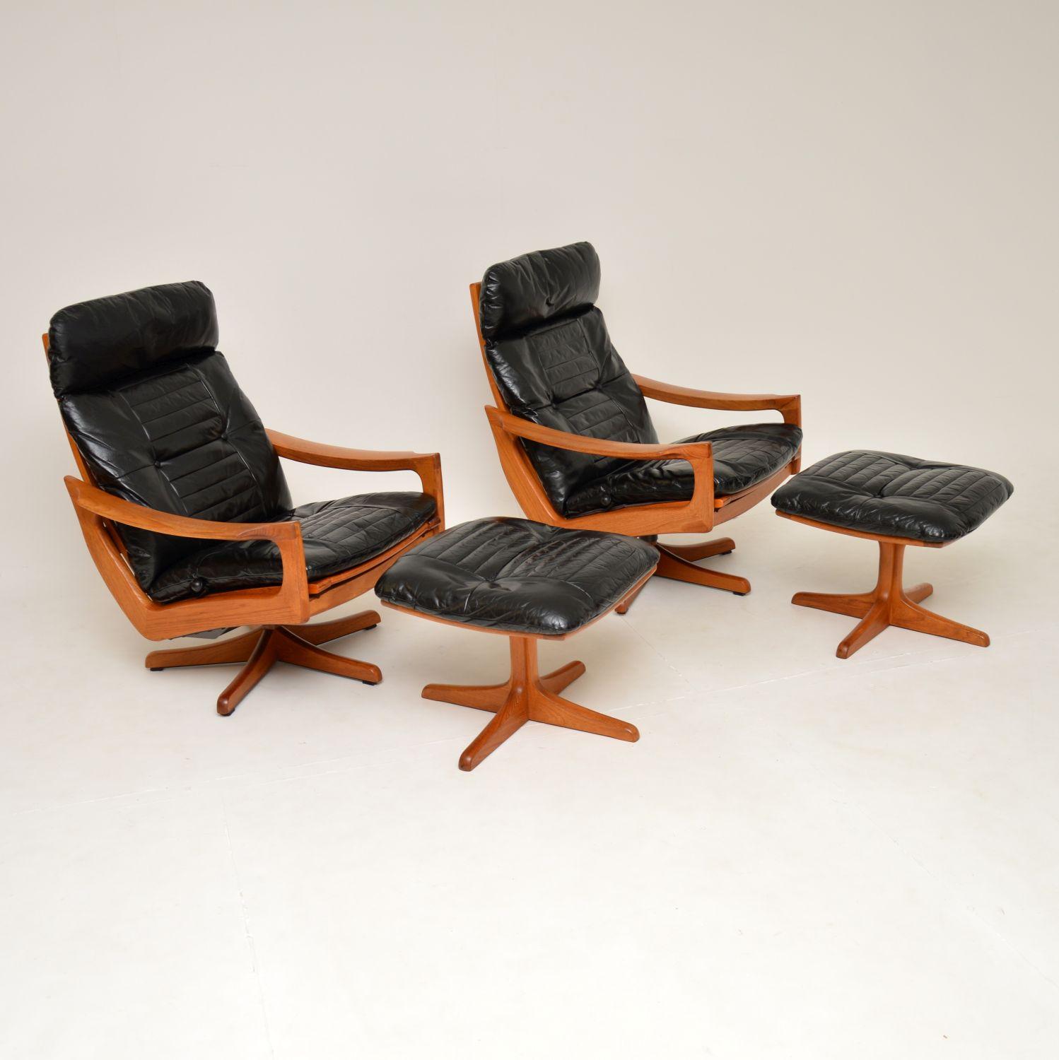 Norwegian 1960's Pair of Scandinavian Leather Reclining Armchairs & Stools by Lied Mobler