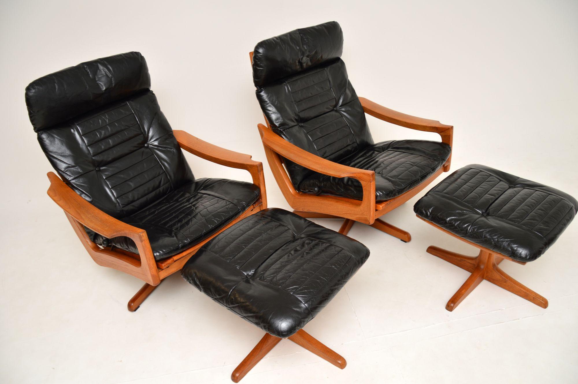 1960's Pair of Scandinavian Leather Reclining Armchairs & Stools by Lied Mobler 2