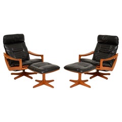 1960's Pair of Scandinavian Leather Reclining Armchairs & Stools by Lied Mobler