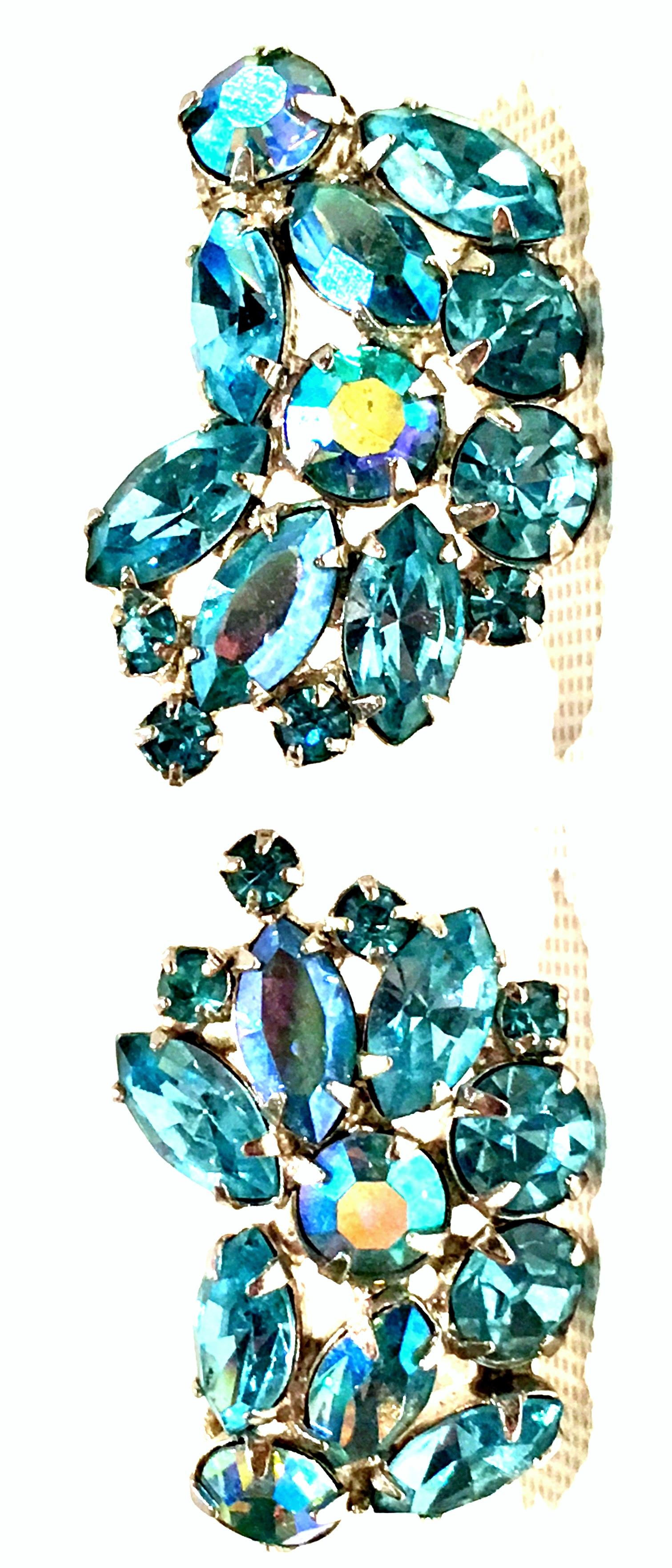 1960'S Pair Of Silver Plate & Swarovski crystal Sapphire Blue earrings By, Weiss. Features a 