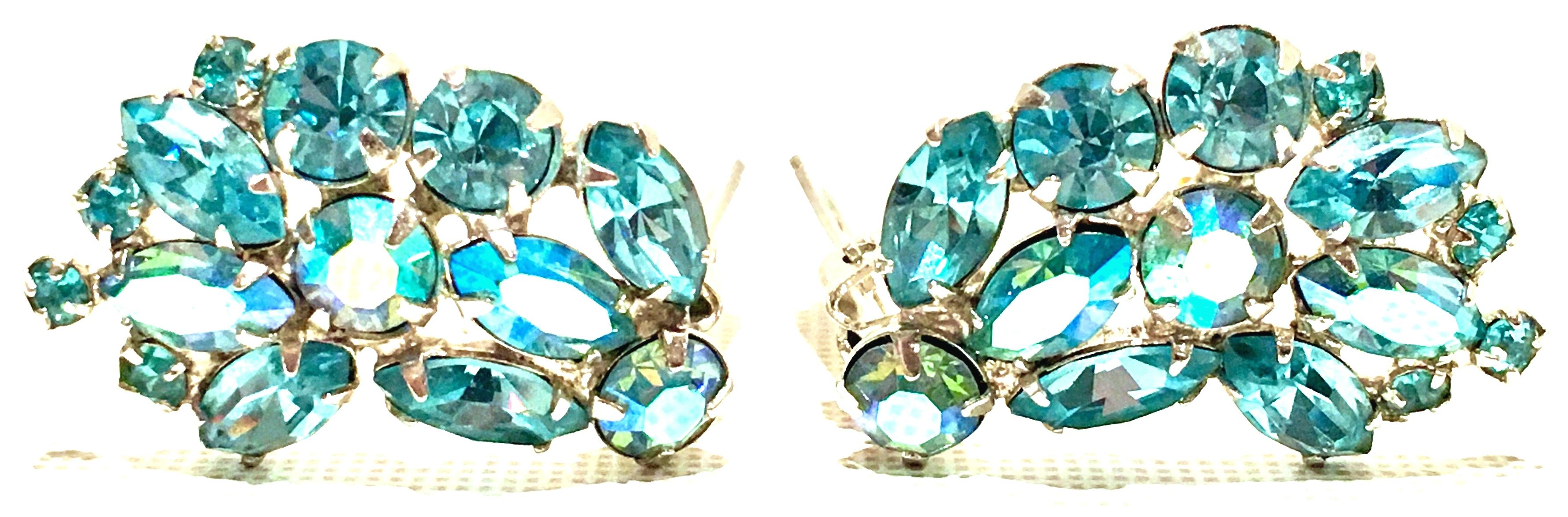 1960'S Pair Of Silver & Sapphire Blue Swarovski Crystal Earrings By, Weiss In Good Condition For Sale In West Palm Beach, FL