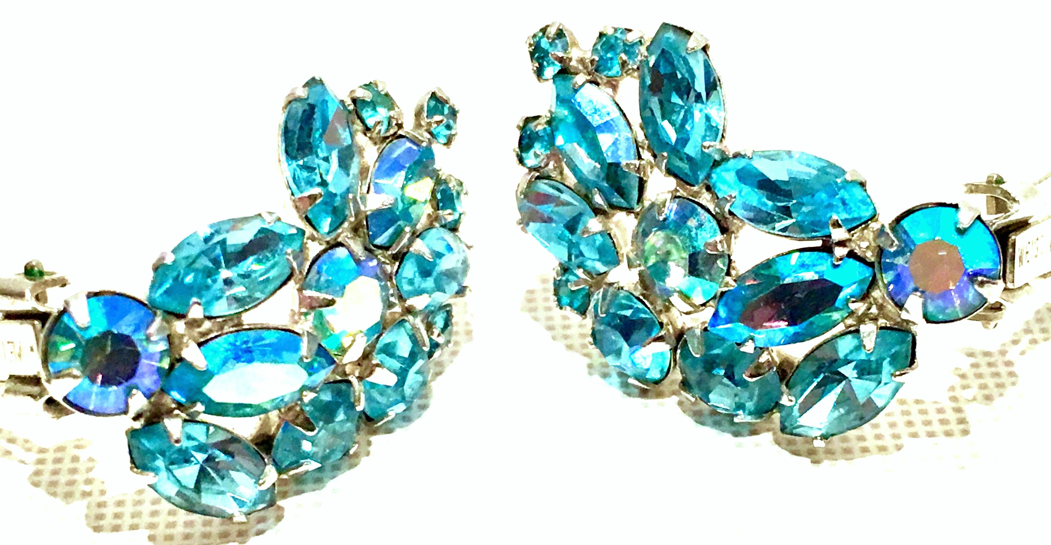 1960'S Pair Of Silver & Sapphire Blue Swarovski Crystal Earrings By, Weiss For Sale 2
