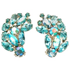 Vintage 1960'S Pair Of Silver & Sapphire Blue Swarovski Crystal Earrings By, Weiss